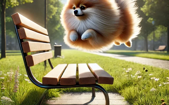 Pomeranian leaping over a park bench