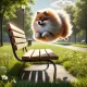 Pomeranian leaping over a park bench