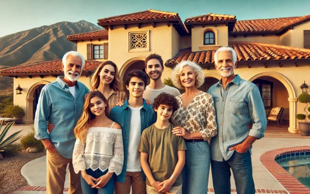 happy multigenerational family in front of home