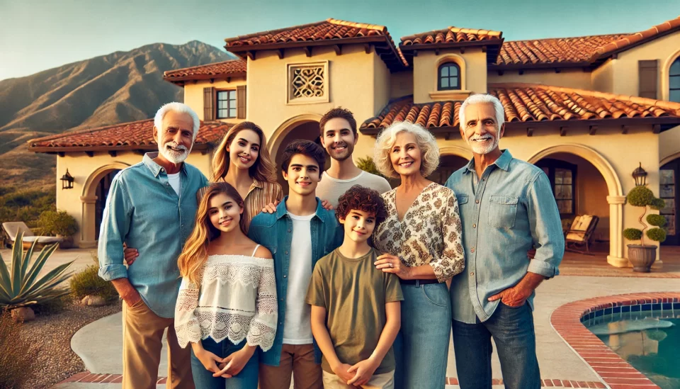 happy multigenerational family in front of home